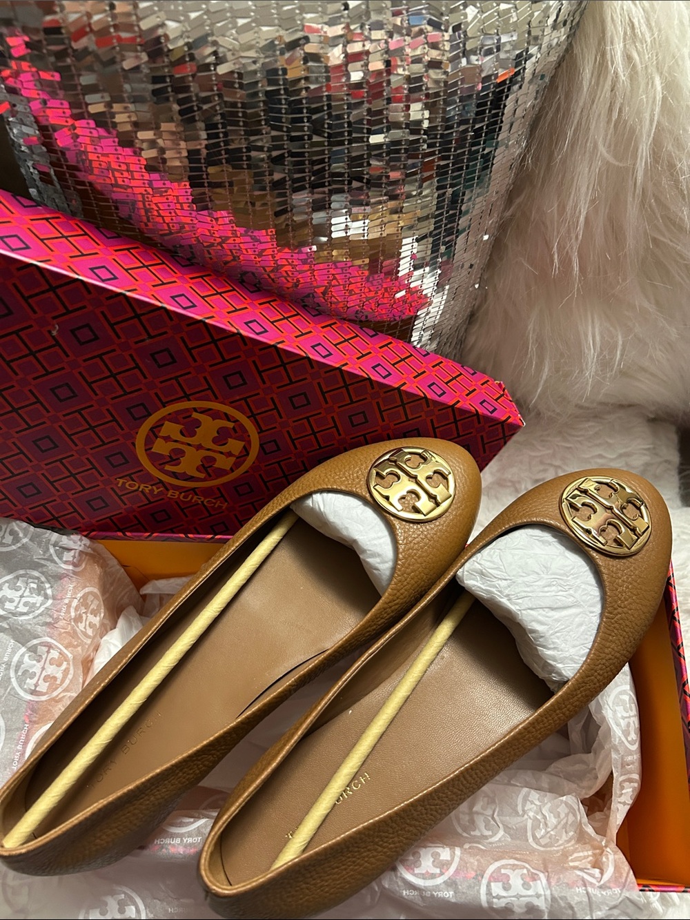 Tory Burch Tan Leather Logo Ballet Flats with Gold Emblem